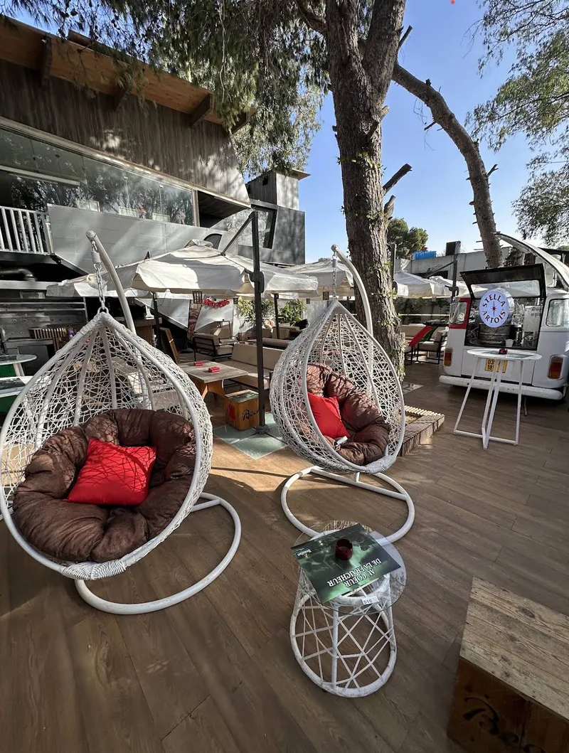 Des fauteuils suspendus en rotin sur la terrasse en bois, à l’ombre des arbres.